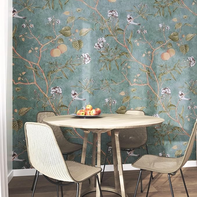Laatse Green Floral Wallpaper Peel and Stick Bird Wallpaper 17.5" x 78.7"