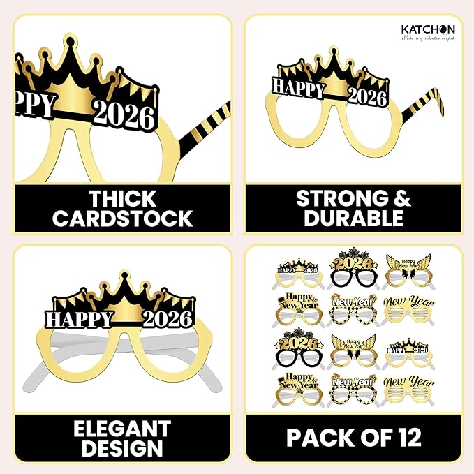 KatchOn, Happy New Years Glasses 2026 - Pack of 12 | New Year Photo Booth Props | New Year Party Glasses, Happy New Years Decorations 2026 | NYE Sunglasses, New Years Eve Party Supplies 2026