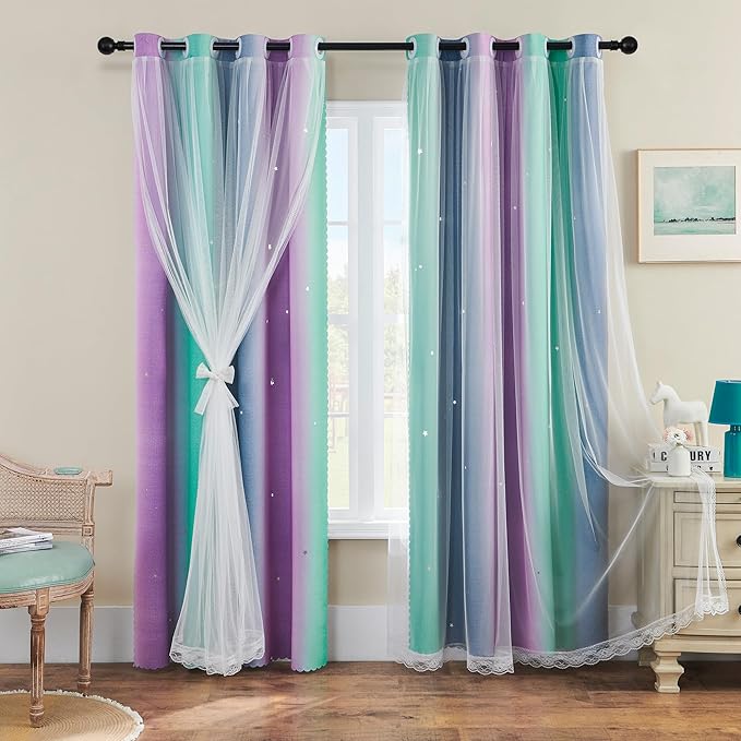 XiDi Curtains for Bedroom Decor, Rainbow Purplgreen grey34/96