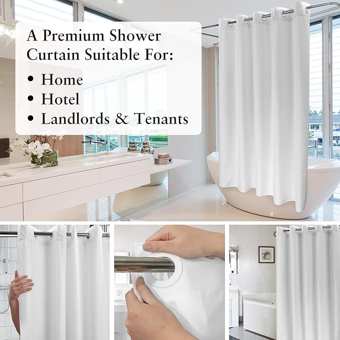 Extra Long No Hook Shower Curtain TPU Lining & No Required Liner, 71" x 86"(84") Hotel Fabric Shower Curtain for Bathroom, Bottom Magnets & Waterproof, White, 71x86