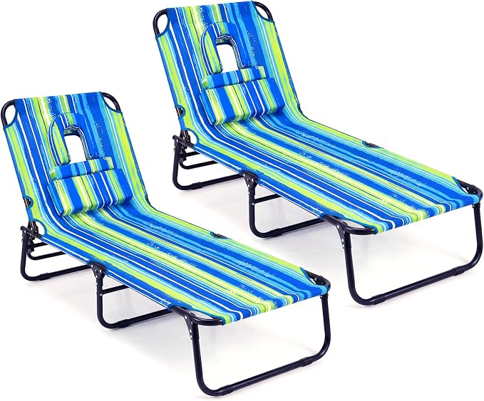 GYMAX Tanning Chair, Folding Lounge Chairs with Face Hole & Cover, Removable Pillow Carry Handle, Portable Compact Outdoor Layout Recliner for Beach, Poolside, Lawn, Patio, Camping (Blue Stripe,2)