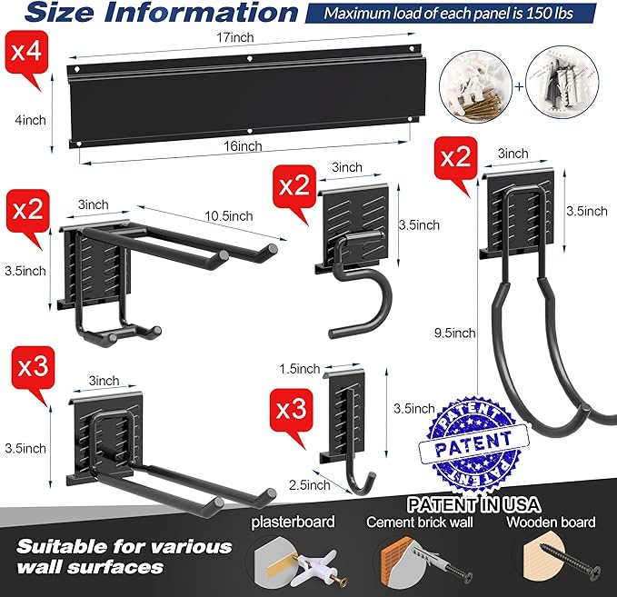 Sttoraboks Garage Tool Storage Rack, Heavy Duty Garage Storage Organizer Rack System Wall Mounted Tool with 12 double hooks, 4 rails Garden Tool Rack