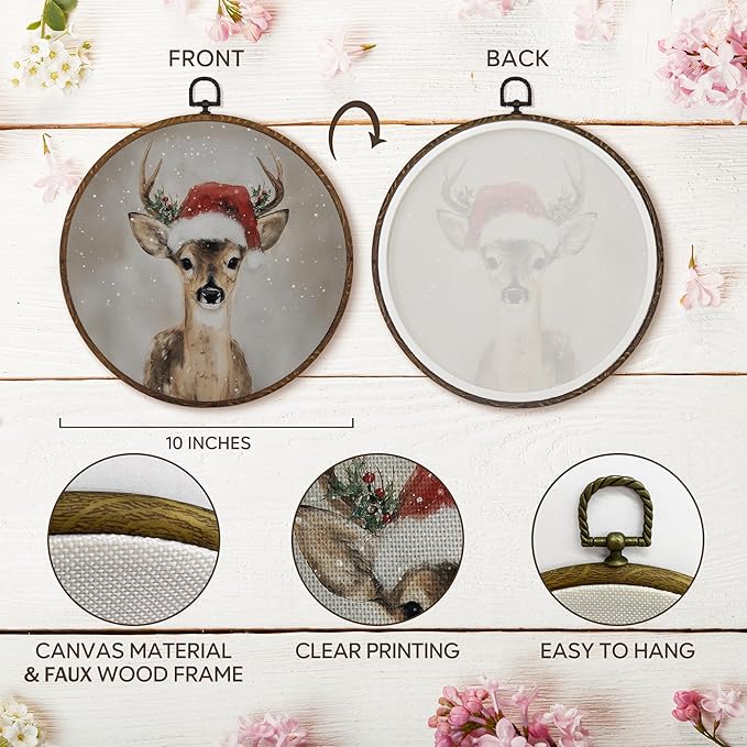 MOTERMATE Vintage Christmas Reindeer Wall Art Decor Round Framed, Rustic Winter Deer Canvas Wall Art Artwork Prints, Winter Xmas Reindeer Hanging Decor Decorations for Home Living Room, 10x10 Inch