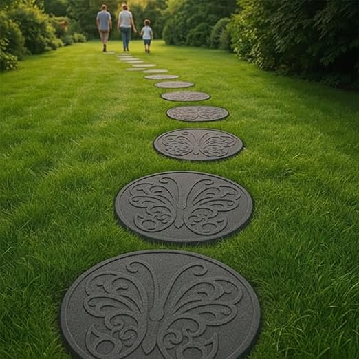 TierraVerde 4-Pack 18”x18” Fake Butterfly Rubber Stepping Stones, Round, Grey – Reversible Non-Slip Outdoor Faux Decorative Set for Landscaping – DIY Decor for Walkways & Yard Pathways