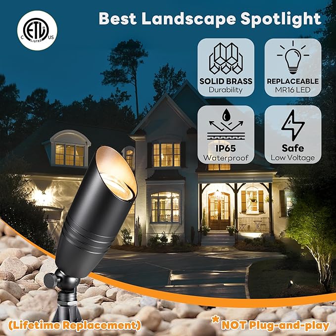 Landscape Spotlights Low Voltage - Brass 12V Outdoor Uplight LED, Wired Spot Lights IP65 Waterproof, Bright Metal Black for Exterior Garden Yard Tree House Without MR16 Bulb