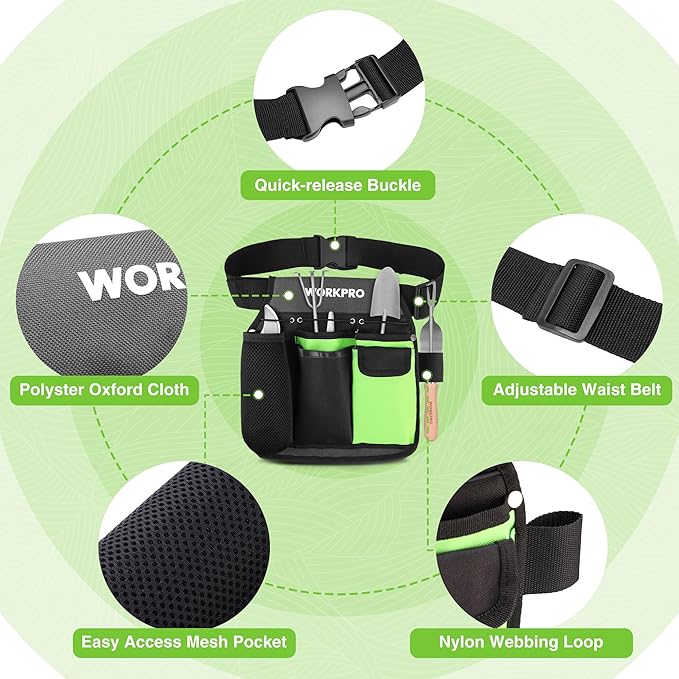 WORKPRO 2-Piece Pruning Shears and Garden Tool Belt Set, Gardening Belt with 5 Pockets and Adjustable Waist Belt, 8" Bypass Garden Shears and 8'' Handing Pruner with Steel Straight Blade