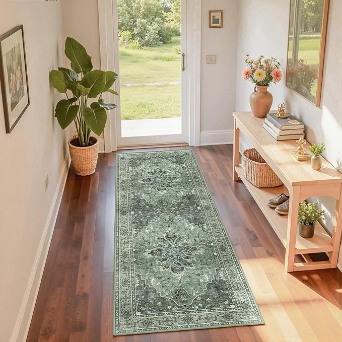 Area Rugs 2'x6' Runner Rug Non Slip Washable for Kitchen Hallway Bedroom Beside Laundry Room Bathroom Rug, Floor Carpet, Dark Green Gray