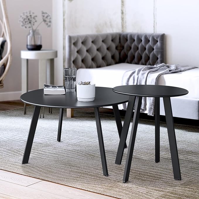 Meluvici Outdoor Patio Coffee Table Set of 2, Weather Resistant End Table, Round Nesting Tables for Living Room Balcony Office,Black