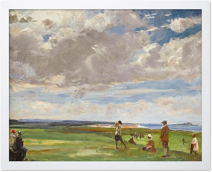 Poster Master Vintage Lady Astor Playing Golf at North Berwick Painting Poster - Retro Golf Course Print - Golf Art - Sports Art - Landscape Art - Office or Living Room Decor, 16x20 White Framed
