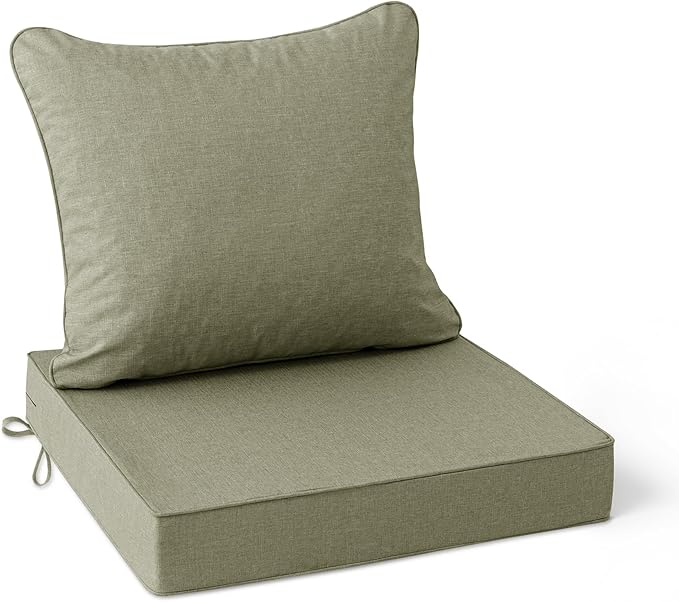 Summsun Water Resistant Outdoor Chair Cushions, Faux Linen Backrest and Seat Cushion Set with Ties, Removable Cover, Non-Slip Bottom for Patio Furniture, 19 x 19 Inch, Mocca Green