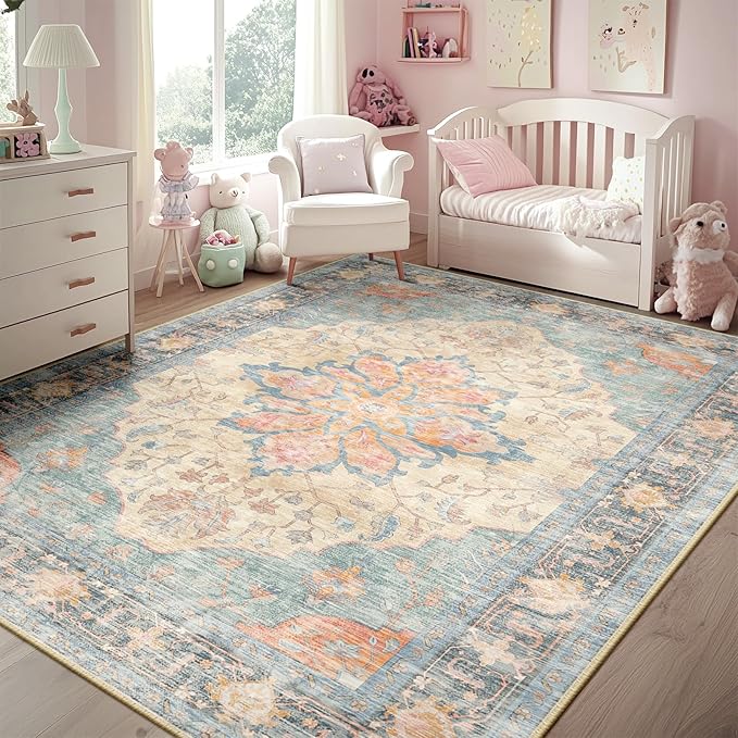 Area Rugs 5'x7' Washable Non-Slip, Floral Vintage Distress Print Pattern Medallion Carpet for Living Room Bedroom Dining Room, Blue Orange Red