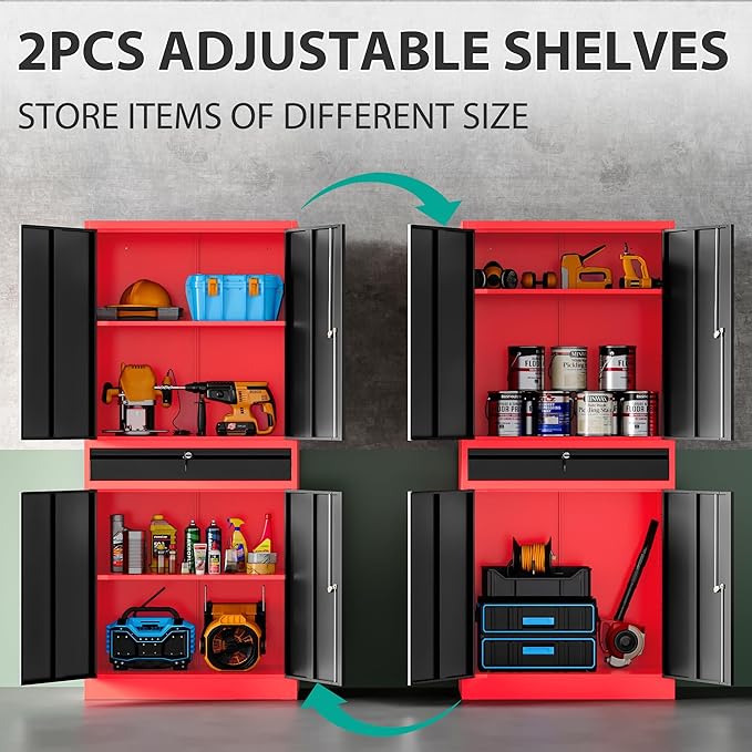 SISESOL Metal Storage Cabinet with Drawer and Lock,Garage Storage Cabinet with Locking Doors and Shelves,71" Black Red Metal Cabinets,Lockable Steel Tool Cabinets for Garage,Home,Office,Shop