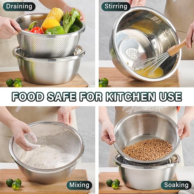 304 Stainless Steel Colander 2QT Microporous Colander & Mixing Bowl for Kitchen Cooking,Rice Strainer with Washing Bowl for Pasta Straining,Fruit Washing,Vegetable Draining(2PCs)