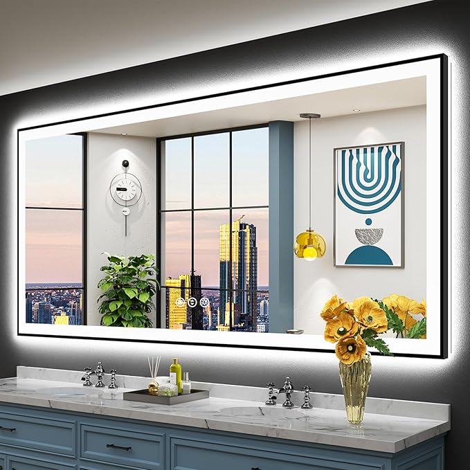84x40 Black Framed LED Bathroom Mirror