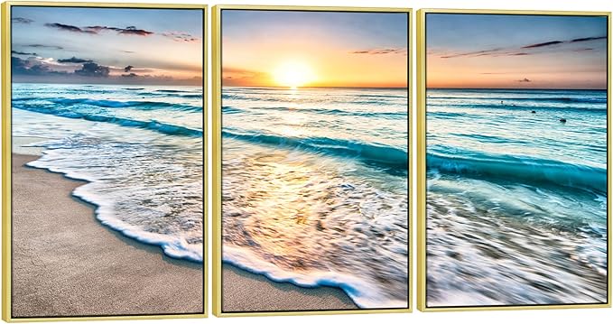 Wieco Art Framed Wall Art 3 Panels Blue Beach Canvas Art
