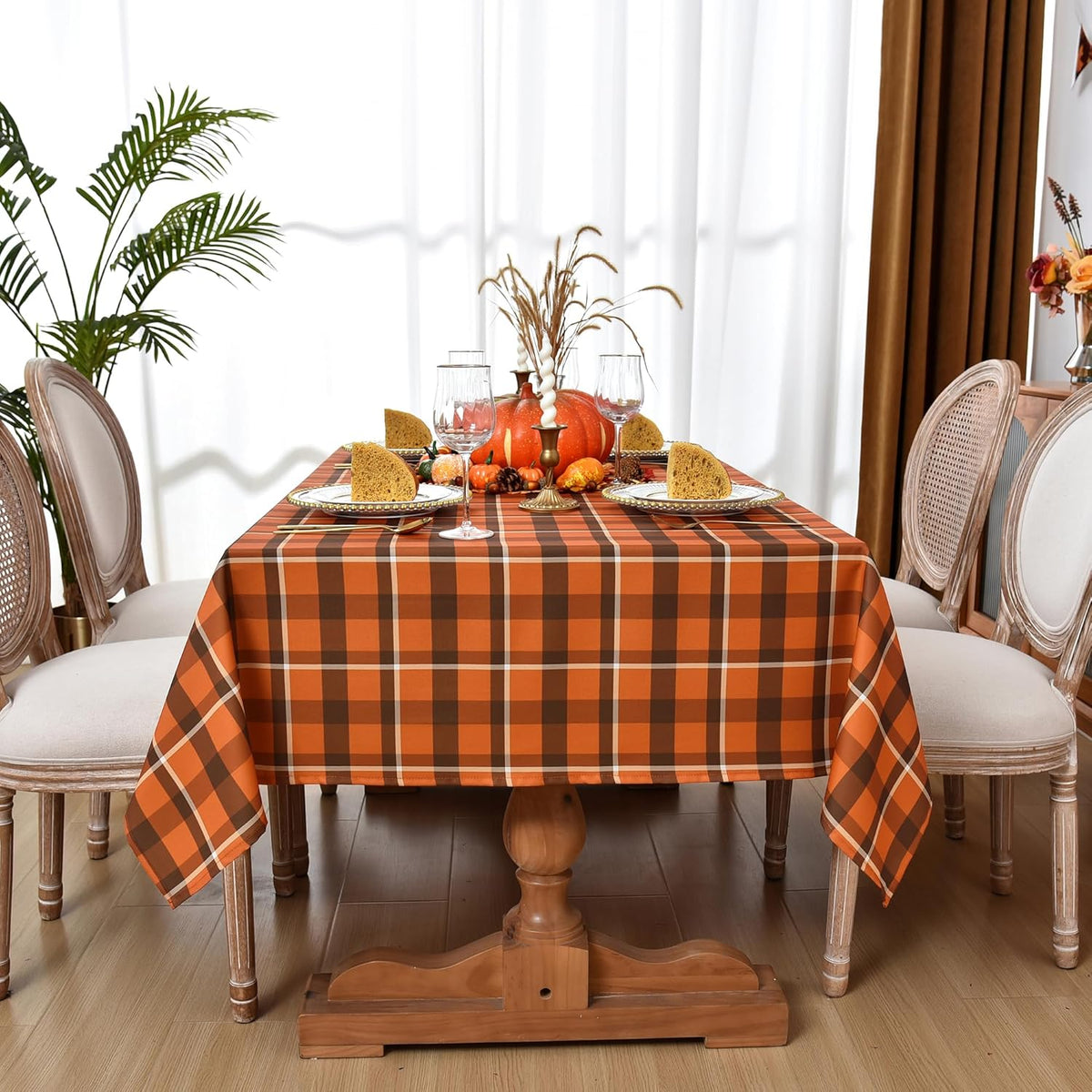 Gingham Plaid Tablecloth - Rectangular 58x102 Inch Water Resistant Thanksgiving Table Cloth for Indoor/Outdoor Use - Seasonal Fall Harvest Table Cover for Halloween, Picnics, and Parties