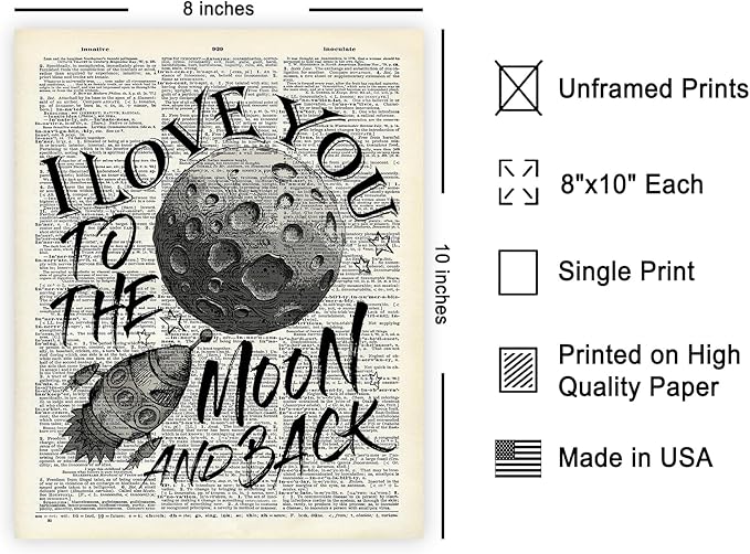 Poster Master Dictionary Art Poster - I Love You To The Moon and Back Print - Motivational Art - Gift for Him, Her & Lovers - Romantic Decor for Dorm, Bedroom or Living Room - 8x10 UNFRAMED Wall Art