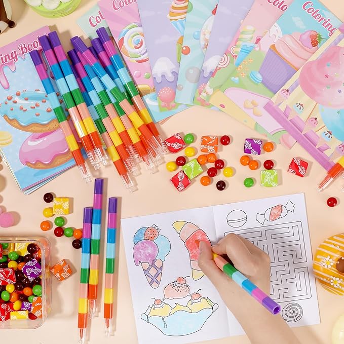 BenLouis 24 Sweet Mini Coloring Books Kids with 24 Stacking Crayons Candyland Donut Party Favors Activity Books Bulk for Kids Ice Cream Birthday Goodie Bag Gift Stuffer Classroom Reward