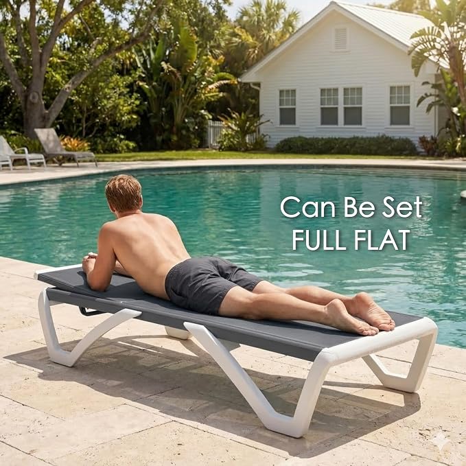 Kozyard Outdoor Chaise Lounge Chair Set, Fully Flat Adjustable Patio Lounger with Aluminum Frame & Resin Legs, Textilene Fabric for Poolside, Backyard & Beach (Gray, Chair + Table)