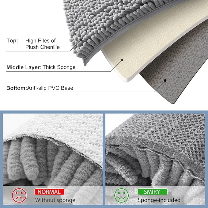 Smiry Luxury Chenille Bathroom Rugs 47x24, Extra Soft and Absorbent Shaggy Bath Mat, Machine Washable, Non-Slip Plush Carpet Runner for Tub, Shower, and Floor, Home Decor Accessories, Grey
