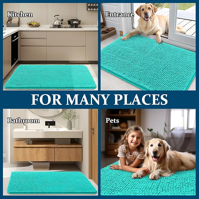 OLANLY Dog Door Mat for Muddy Paws 44x24, Absorbs Moisture and Dirt, Absorbent Non-Slip Washable Doormat, Quick Dry Chenille Mud Mat for Dogs, Entry Indoor Entryway Carpet for Inside Floor, Teal