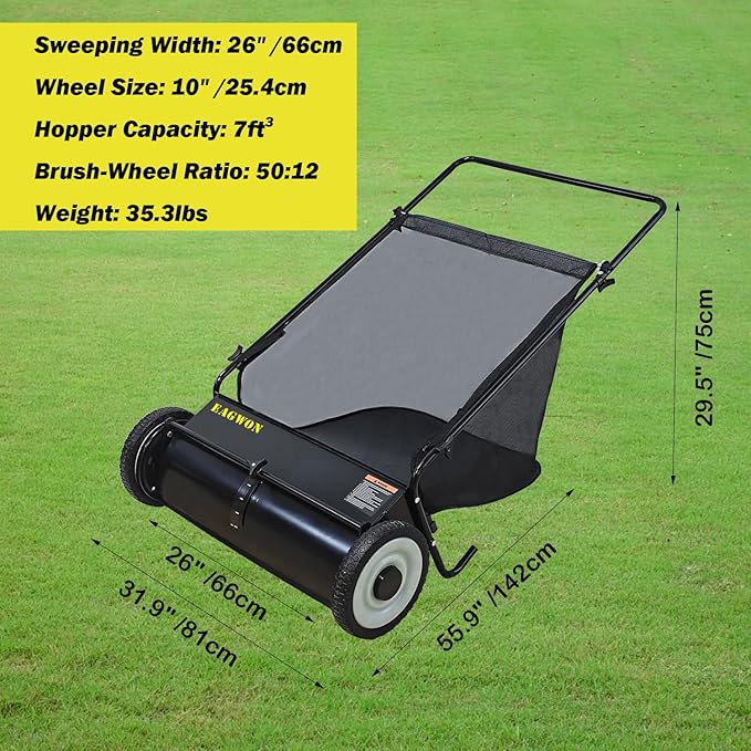 Push Lawn Sweeper, 26-Inch Width, 7 Cu. Ft. Hopper Capacity, 4 Spinning Brushes, Adjustable Height, Durable Steel Frame with Rubber Wheels, Ideal for Leaves and Grass