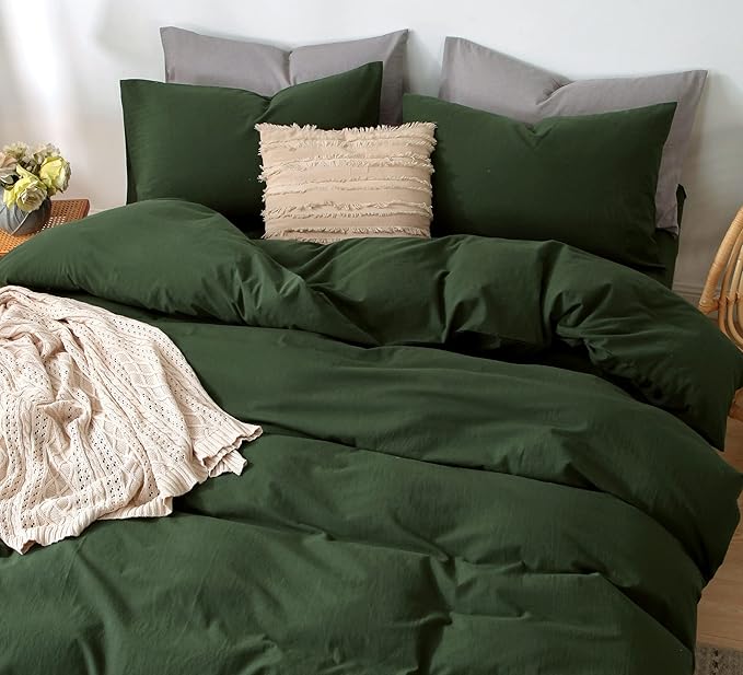 MooMee Bedding Duvet Cover Set 100% Washed Cotton Linen Like Textured Breathable Durable Soft Comfy (Solid Forest Green, King 104"x90")
