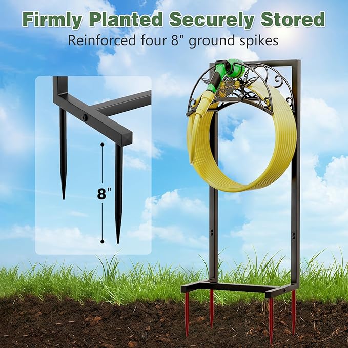 Garden Hose Holder - Upgraded Electrophoretic Coating Anti-Rust Graden Hose Storage Rack with Hummingbird Pattern Holds 150ft, Heavy Duty Garden Hose Hanger, Water Hose Holders for Outside Yard Lawn