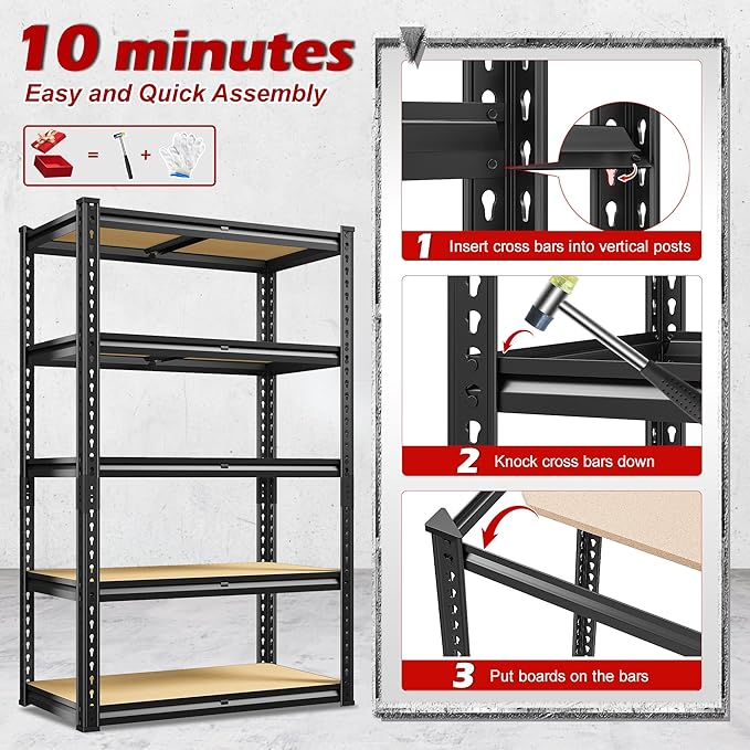 REIBII Storage Shelves 2020LBS Garage Shelving 5 Tier Heavy Duty Shelving Adjustable Metal Shelf 59.8" H Pantry Shelf for Kitchen Warehouse Basement 28" W x 12" D x 59.8" H, 2 Pack