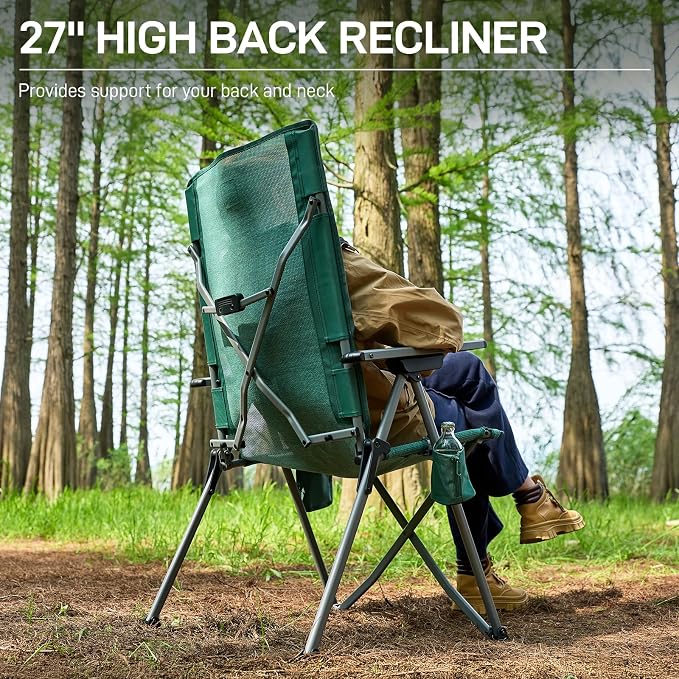 EVER ADVANCED Reclining Camping Chairs for Adult Lightweight, Portable Compact Folding Chair with High Back, 4-Level Recliner Chairs, Lawn Chair for Patio Balcony, Supports 350lbs, Stretch Mesh Green