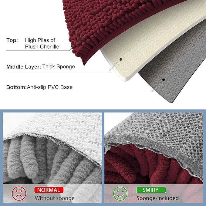 Smiry Luxury Chenille Bathroom Rugs 70x24, Extra Soft and Absorbent Shaggy Bath Mat, Machine Washable, Non-Slip Plush Carpet Runner for Tub, Shower, and Floor, Home Decor Accessories, Burgundy