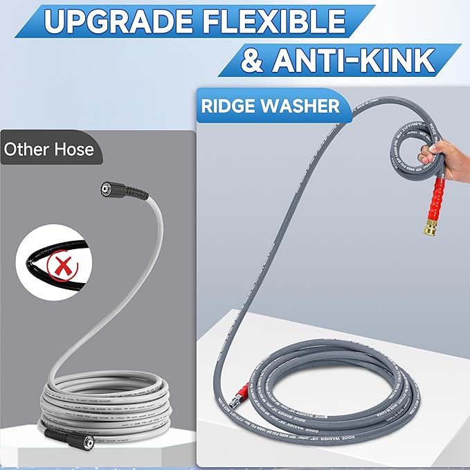 RIDGE WASHER Pressure Washer Hose 25 Ft, 4000 PSI Power Washer Hose with 3/8 Inch Quick Connect for Hot and Cold Water, Gray Non Marking Hoses, M22 14 mm Fitting