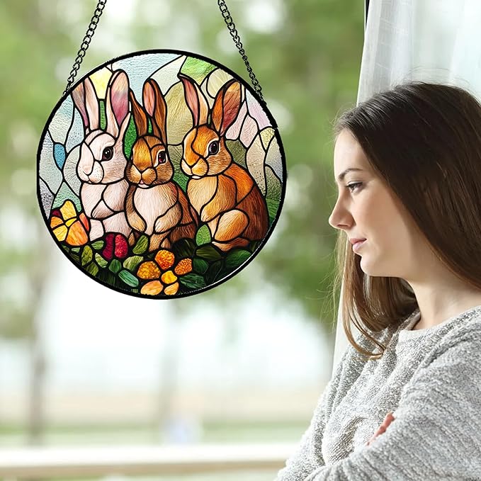 Stained Glass Window Hanging - 3 Cute Rabbits Suncatcher for Doors Garden Patio Bunny Sun Catchers Decor Christmas Mother's Day Birthday Teenager Gifts for Women Men Mom Nana Friend 9.8 in
