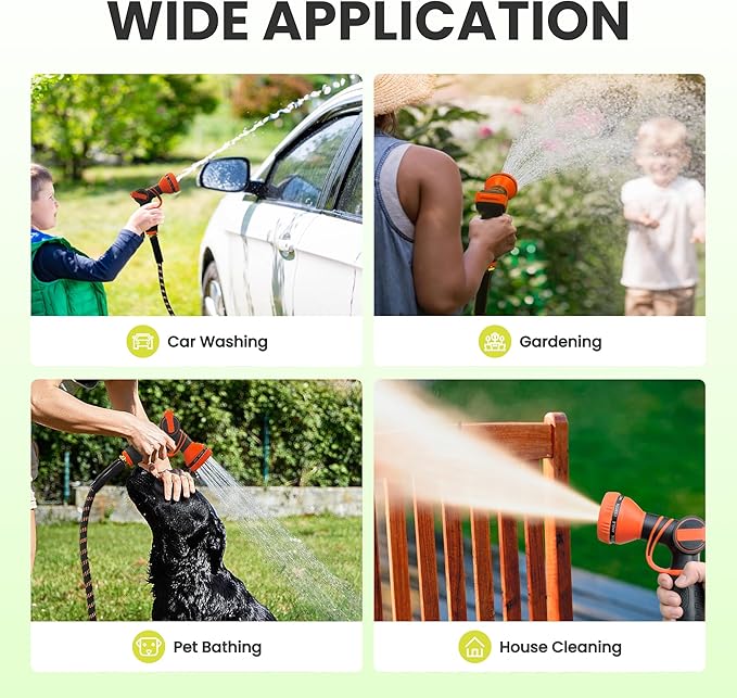 Giraffe Tools Non-Expandable Garden Hose 50FT 1/2” Lightweight Flexible Water Hoses Burst 600 psi with 9 Spray Function Nozzle Heavy Duty Hose