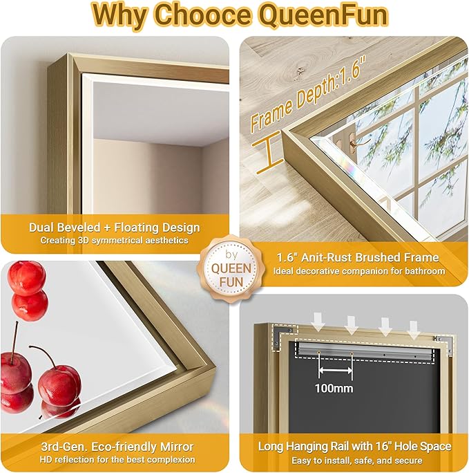 40 x 30 Gold Bathroom Mirror, Brushed Gold Beveled Bathroom Mirror,
