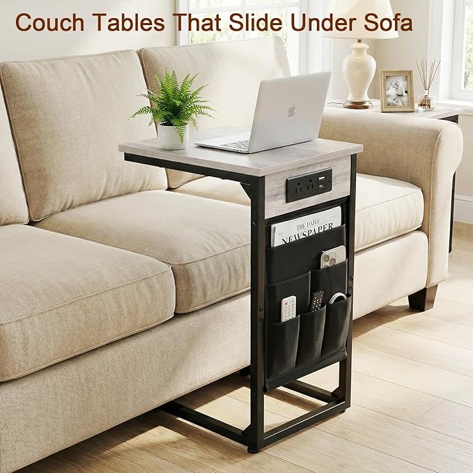 AMHANCIBLE C Shaped End Table with Charging Station, TV Tray Set of 2, Couch Tables with Storage Bag, Slide Under Sofa Side Table with USB Ports and Outlets for Living Room, Grey HET04CGY