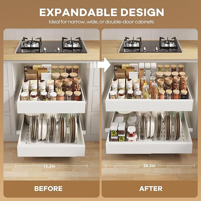 2 Pack Pull out Cabinet Organizer 21" Deep With Raising Pad for Framed Cabinets,Expandable (15.2"-26.3"W) Slide out Drawers for Kitchen Cabinets with 4pcs Divider Racks,Roll out Shelves,White