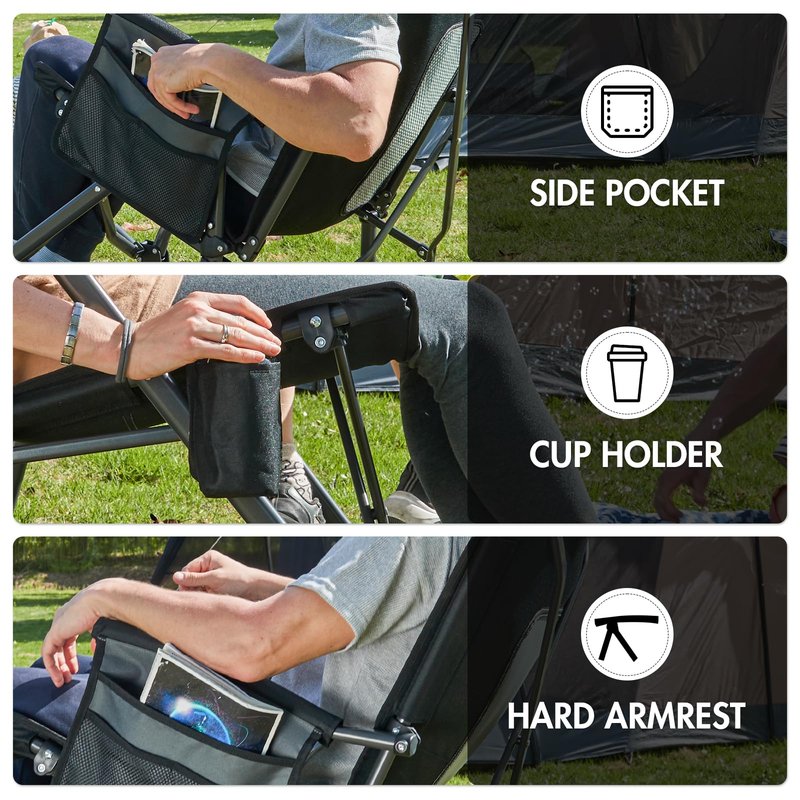Portal Oversized Folding Rocking Camping Chair Portable Outdoor Rocker with High Back Hard Armrests Carry Bag, Supports 400 lbs, Mesh Back, Black & Grey