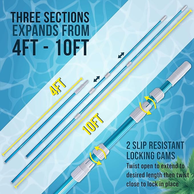 U.S. Pool Supply 10 Foot Swimming Pool Pole Telescopic - Aluminum Pool Skimmer Pole Net, Rake, Brush, Vacuum Head Handle, Attach Cleaning Equipment Accessories, Adjustable 3 Piece Expandable Extension