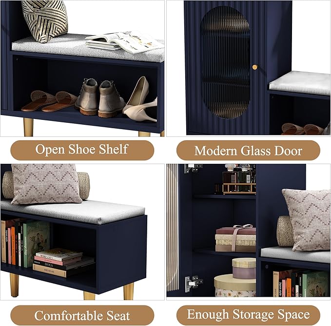 HLR Storage Bench with Glass Door&Shelf, Modern Entryway Shoe Cabinet Bench with Padded Seat, Blue L-Shaped Storage Cabinet for Hallway, Bedroom, Living Room, Office