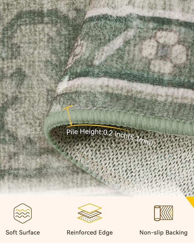 Area Rugs 5'x7' Washable Non-Slip, Floral Vintage Distress Print Pattern Medallion Carpet for Living Room Bedroom Dining Room, Dark Green Gray