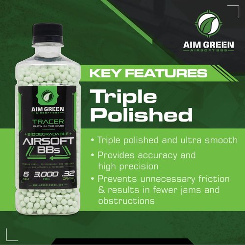 Aim Green Tracer Biodegradable Airsoft BBs - Glow-in-The-Dark | 3,000 Count | .20, .25, .32 Grams