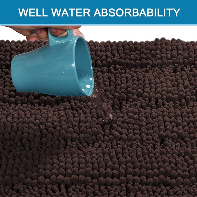 H.VERSAILTEX Bath Mats for Bathroom Non Slip Extra Thick Chenille Striped Bath Rug 24" x 36" Absorbent Non Skid Fluffy Soft Shaggy Rugs Washable Plush Mats for Indoor, Bath Room, Tub - Chocolate
