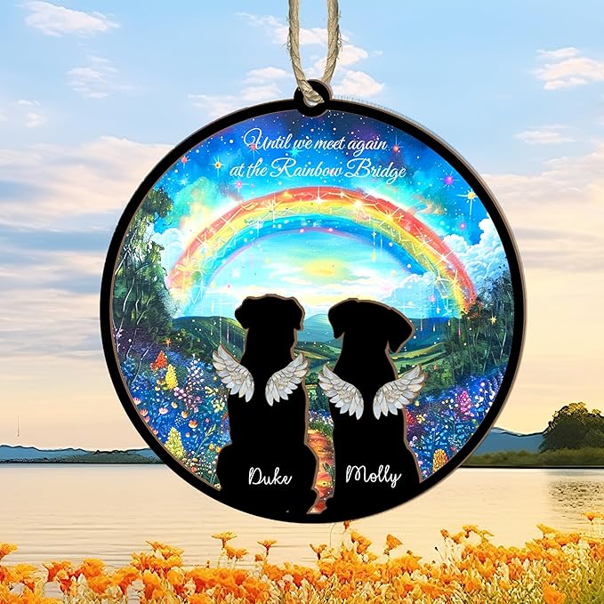 Personalized Pet Memorial Suncatcher – Custom Dog & Cat Rainbow Bridge Suncatcher with Name & Breed, Pet Loss Sympathy Gift, Memorial Keepsake for Dog & Cat Lovers (Up to 3 Pets)