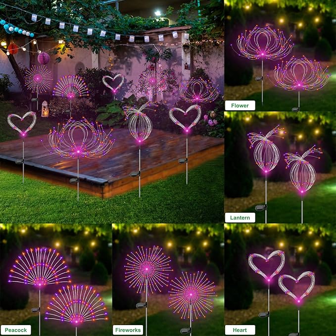 Slyuexu Solar Garden Lights Outdoor Waterproof, 2 Pack 120 LED Solar Firework Lights Decorative Garden Décor Outside for Flowerbed Pathway Party Halloween Christmas Decorations, Purple + Orange