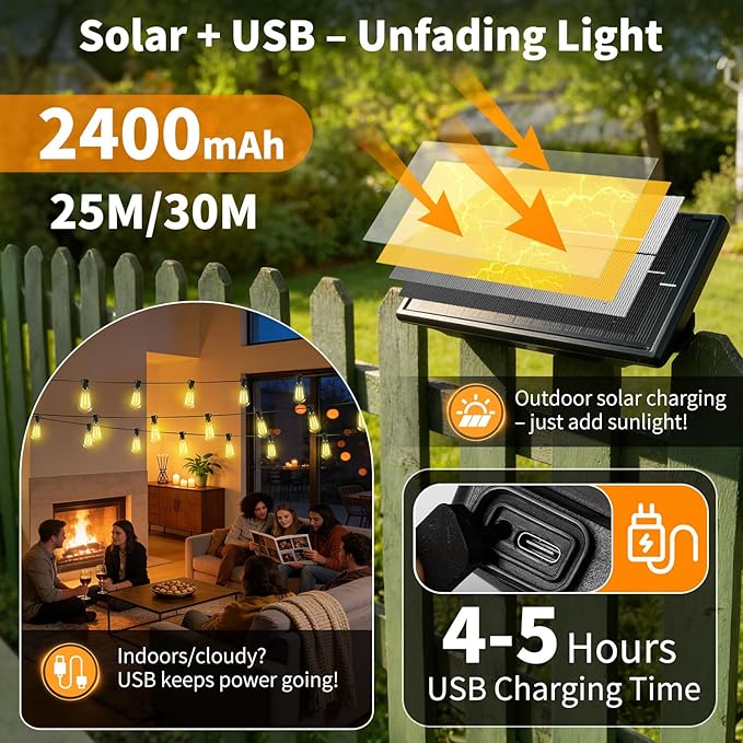 Solar Lights Outdoor Waterproof: ST38 100FT 30M Shatterproof Bulbs Patio Lights - Solar Powered & USB Charging- Remote Control 3 Light Modes Dimmable Solar Light - Camping Backyard Garden