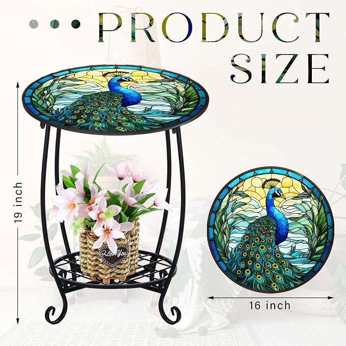 Cinnvoice Outdoor Side Table Round Small Mosaic Patio Accent Indoor End Plant Coffee Tea Table for Yard Patio Porch Garden Living Room, Bedroom(Peacock Style,16 Inch)