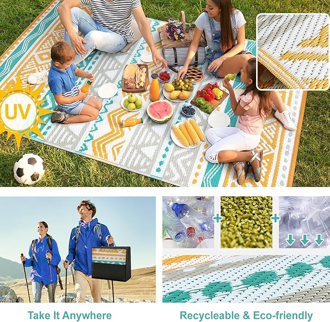 Lahome Outdoor Rugs 8x10 Waterproof, Reversible Outdoor Plastic Straw Rug for Camping Patio, RV Outdoor Rugs Outside, Outdoor Carpet for Porch Deck Backyard Picnic(Blue/Yellow,8'x 10')