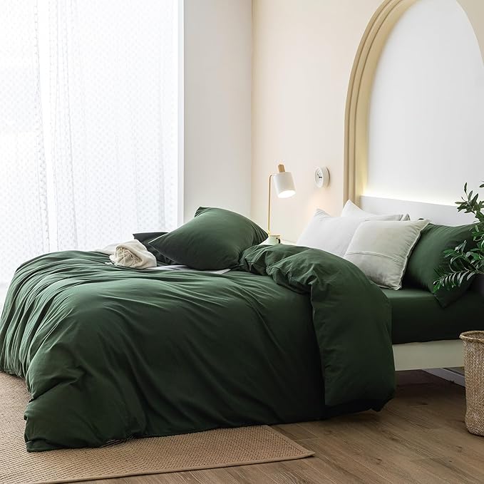 JIYUAN 100% Washed Cotton Duvet Cover Set 3 Pieces Super Queen, 1 Duvet Cover 90x98 Inches(Comforter Not Included) and 2 Pillowcases,Linen Feel Bedding Set Comfy and Breathable,Forest Green