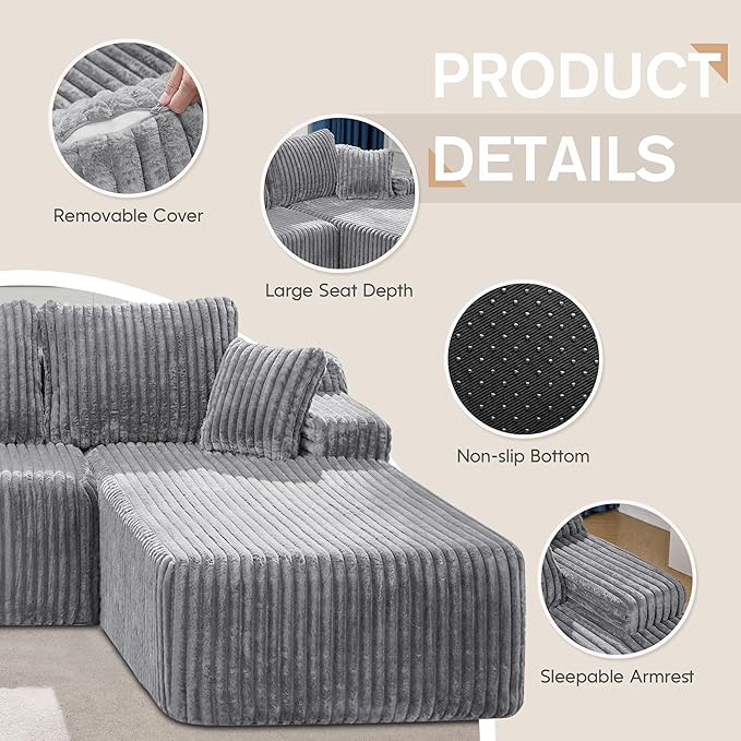 Hobestluk Modular Sectional Sofa Couches L-Shape Couch 3 Seat Modular Sofa Memory Foam Sectional Couches for Living Room, Cloud Couch with Oversized Chaise (108" Right Facing Chaise)